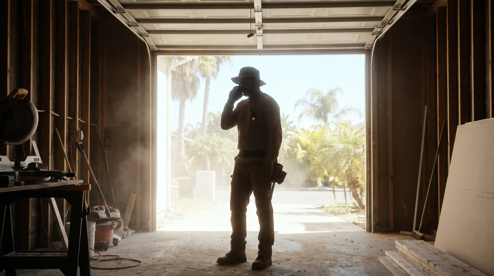 A contractor taking a phone call in the doorway of a half-finished garage, backlit by daylight