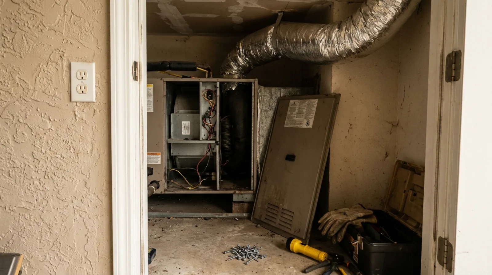 An open air handler unit in a cramped Florida garage closet, its access panel leaning against the wall, loose screws and a flashlight on the concrete floor and insulated flex duct running overhead.