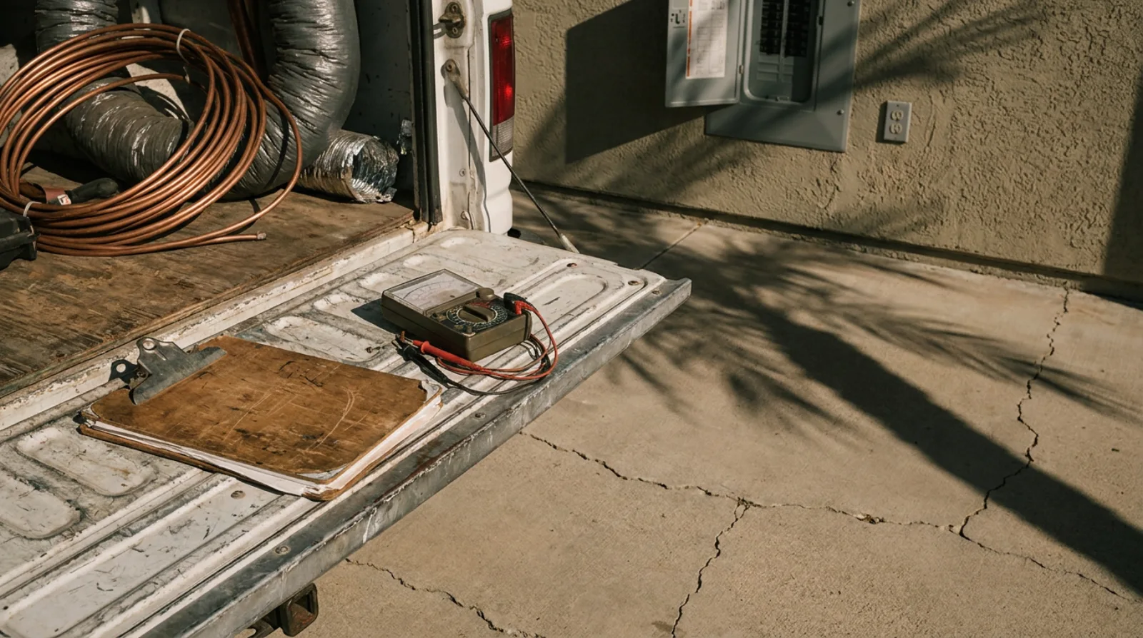 A worn clipboard and a handheld multimeter on the open tailgate of a service van in a Florida driveway, with coiled copper line set and flex duct inside the van and a breaker panel on the stucco wall behind.