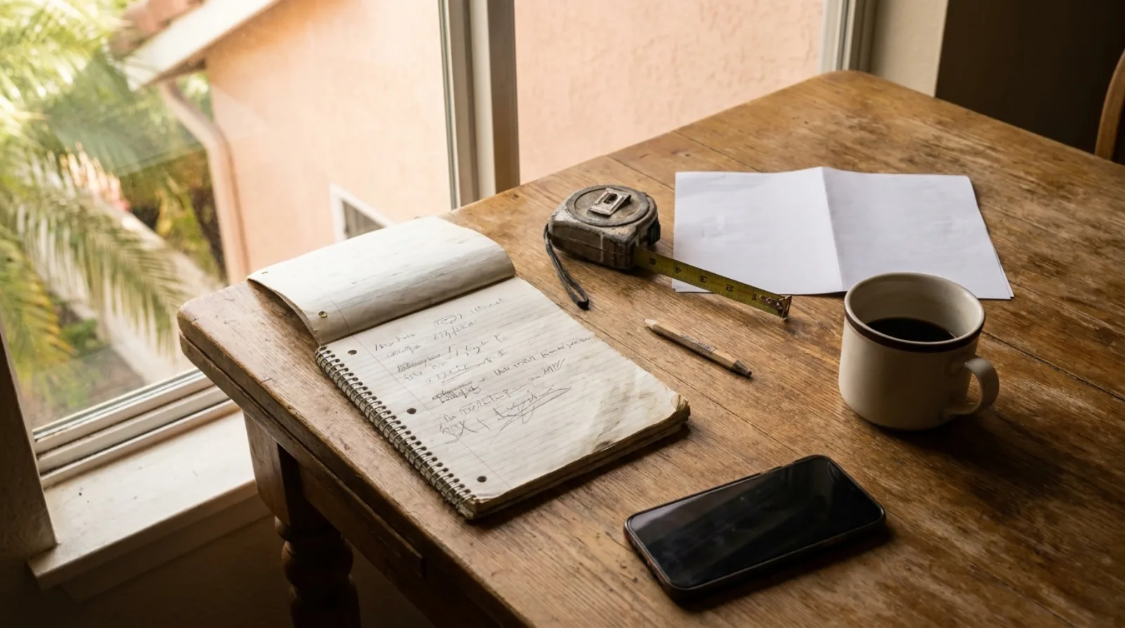 An open spiral notepad of handwritten notes on a worn wooden kitchen table beside a tape measure, a carpenter's pencil, a blank paper printout, a mug of coffee and a face-down smartphone, with morning light from a window showing palm fronds and a pastel stucco Florida house outside