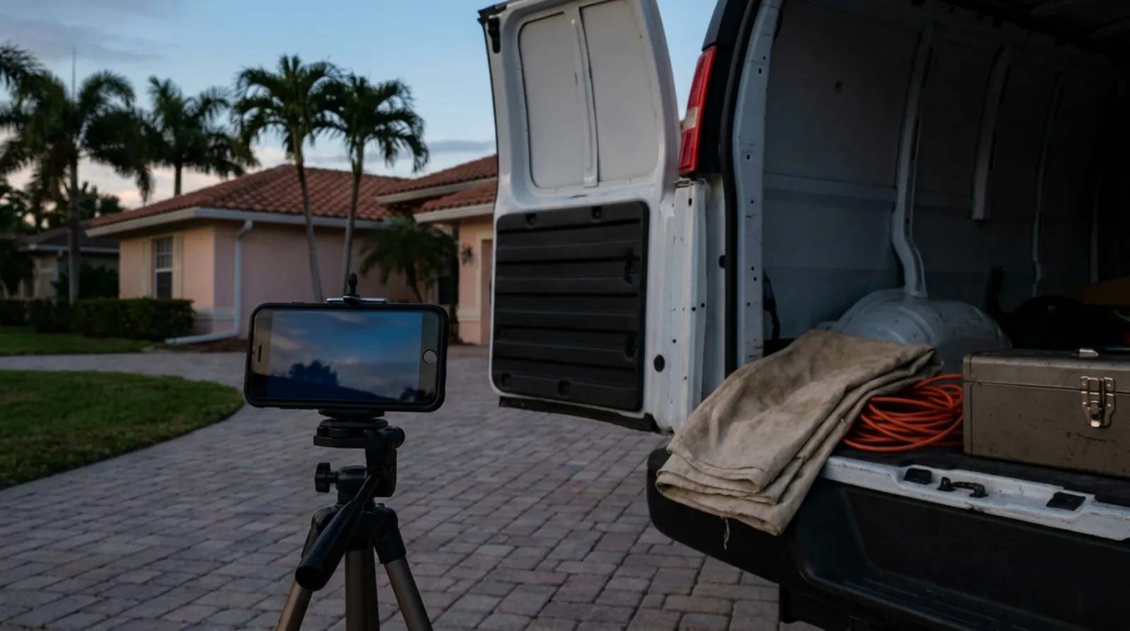 A smartphone on a compact tripod standing on a paver driveway at dusk beside the open rear doors of an unmarked white work van, with a folded canvas drop cloth, coiled orange extension cord and closed toolbox on the bumper, and a single-story Florida house with a barrel tile roof and tall palms behind